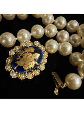 Vintage Limoges Pearl Necklace France 18” Blue Gold Ornate Push Clasp